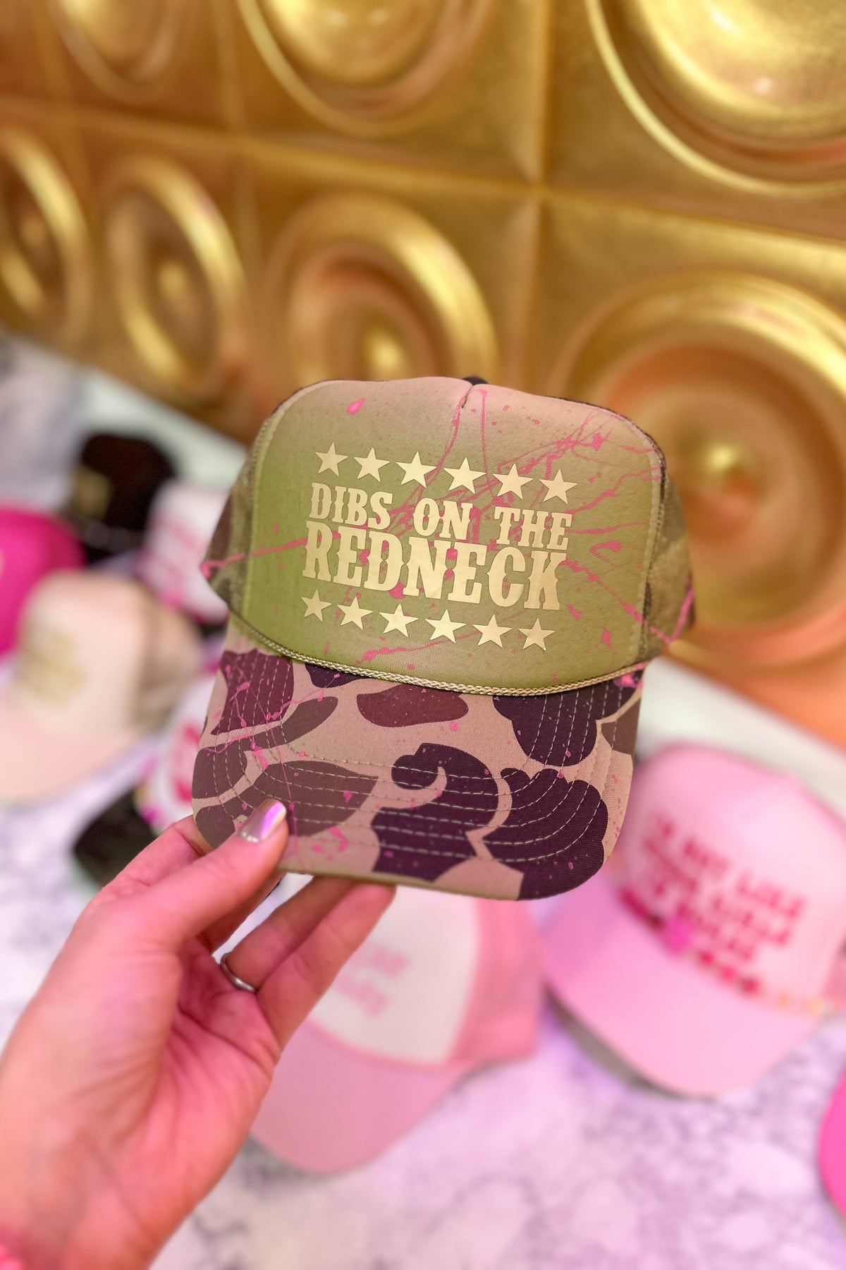 Dibs On The Redneck Camo Pink Splatter Trucker Hat