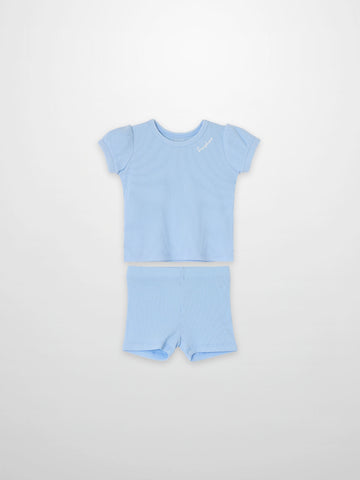 Ribbed Short Puff Sleeve T-shirt & Shorts Set - Light Blue