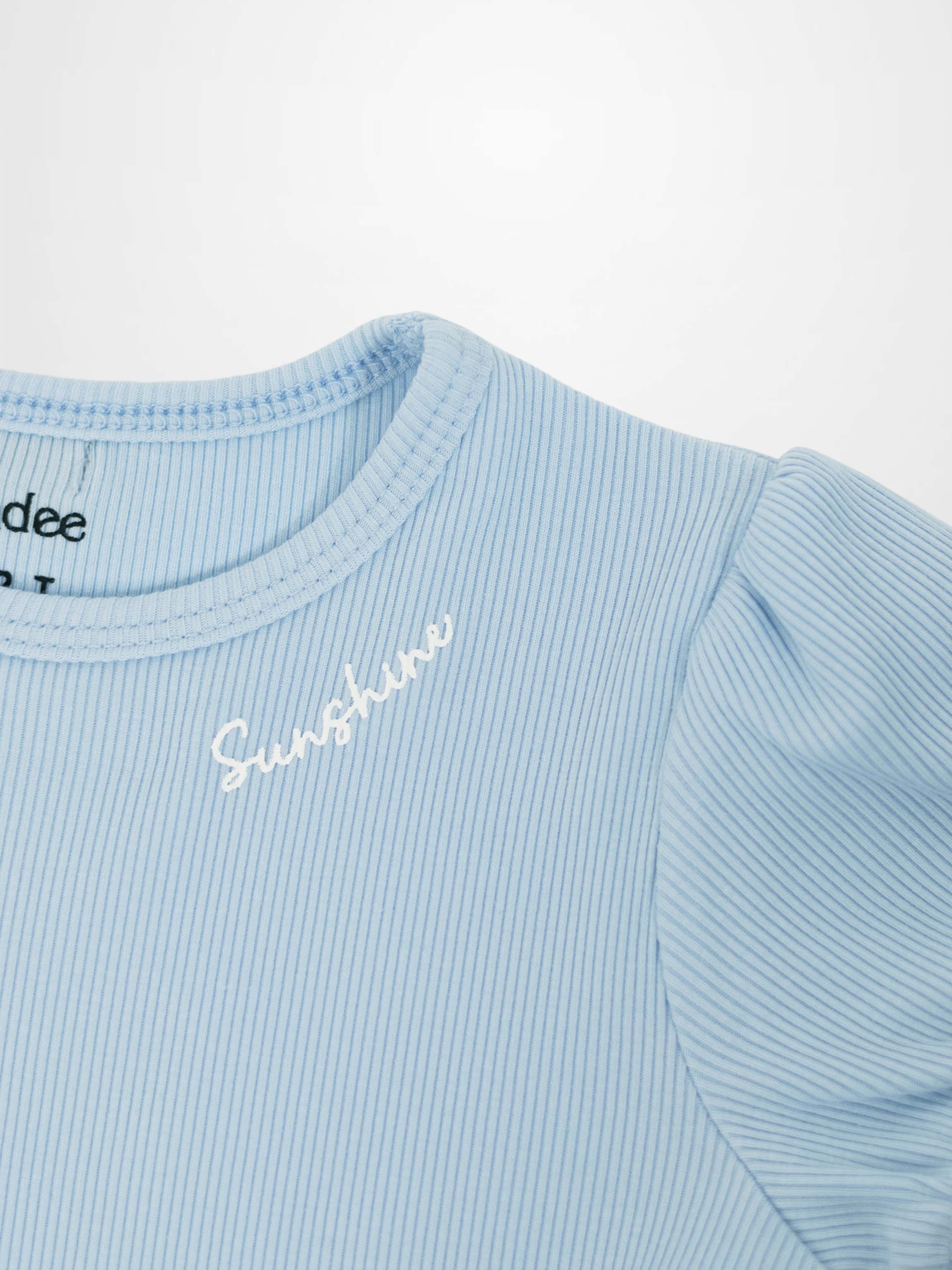 Ribbed Short Puff Sleeve T-shirt & Shorts Set - Light Blue