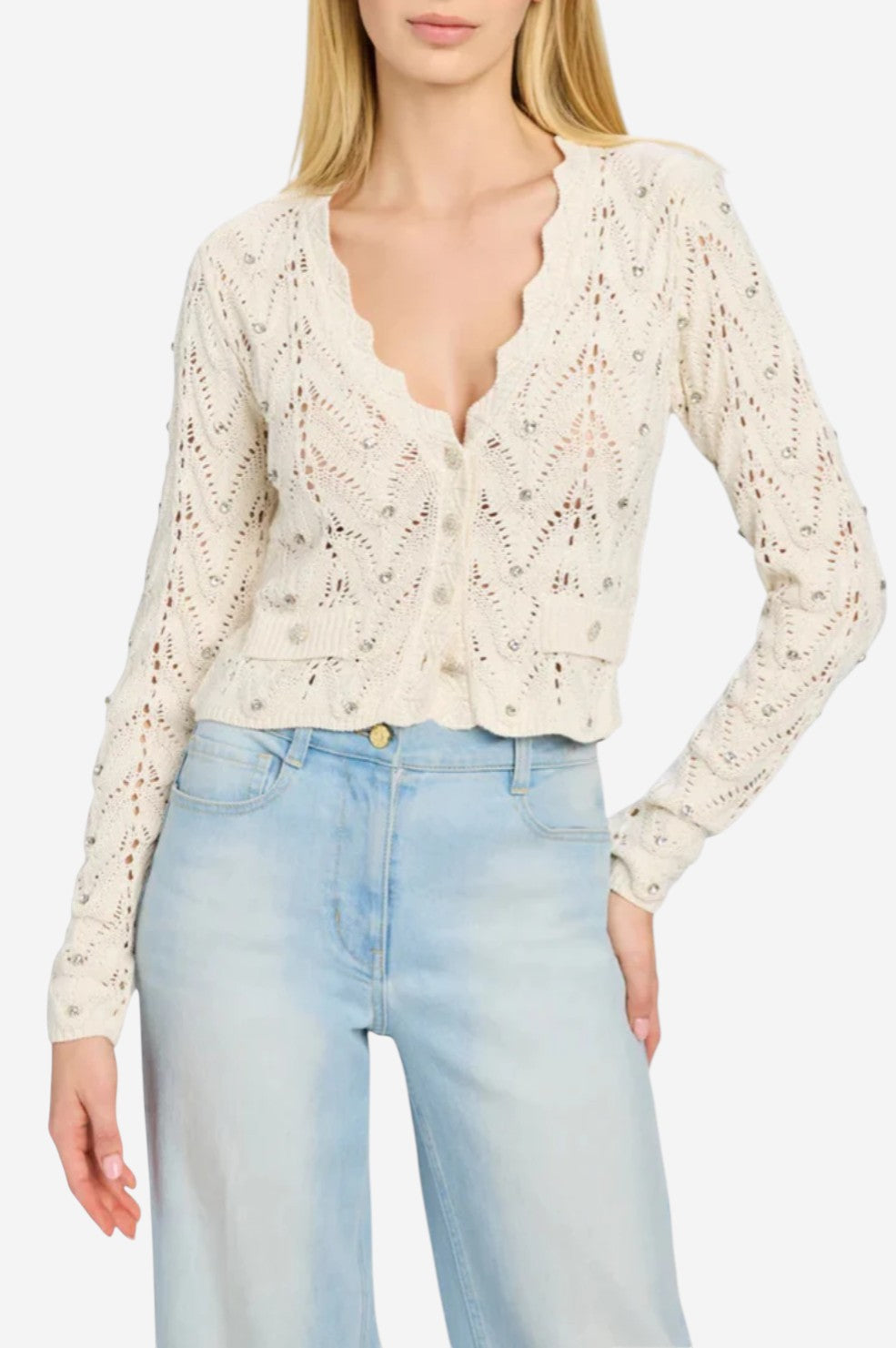 Blake Crystal Pointelle Cardigan - Natural
