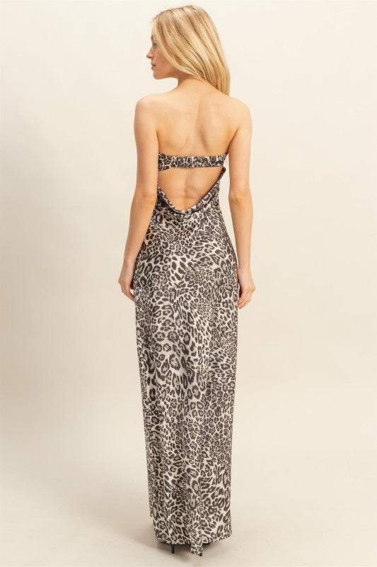 Snow Leopard Satin Tube Maxi Dress