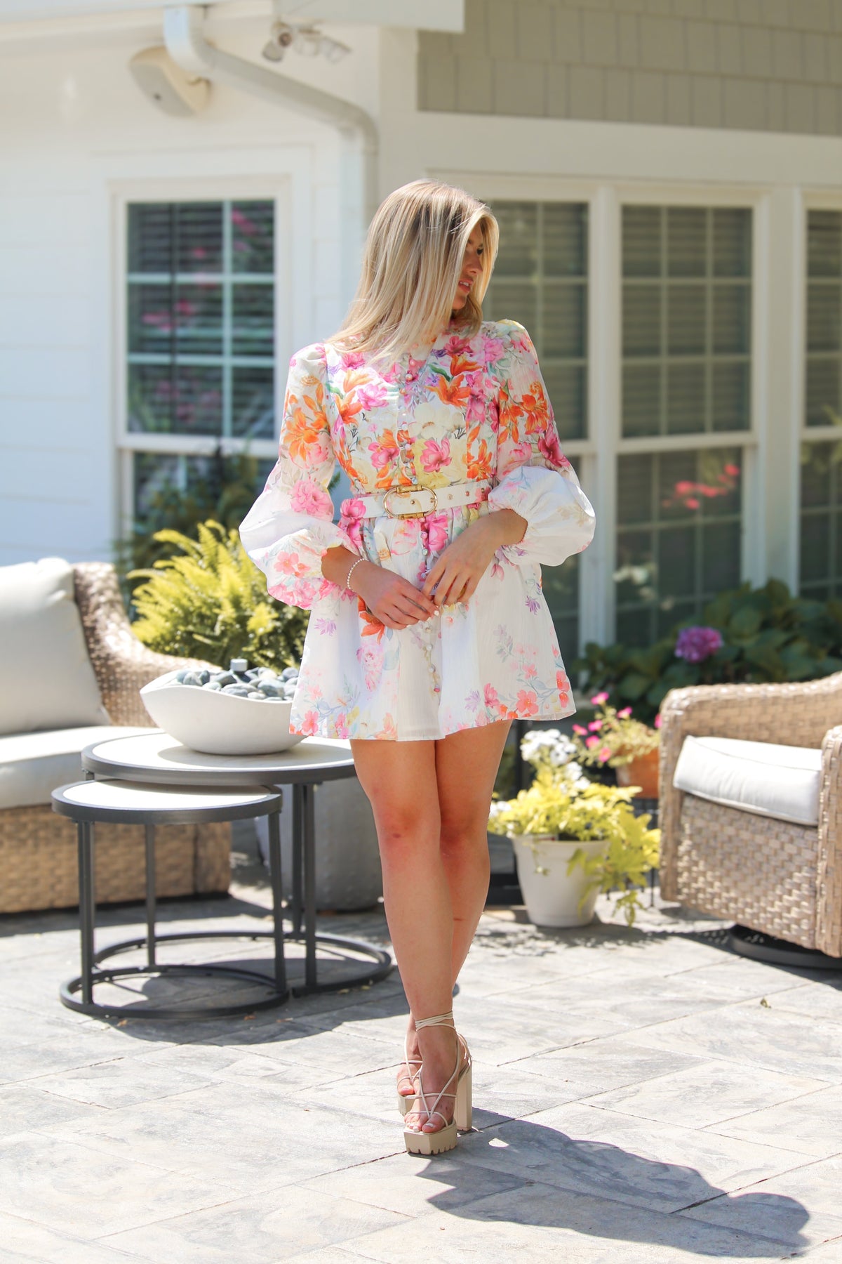 Floral Belted Button Down Long Sleeve Dress