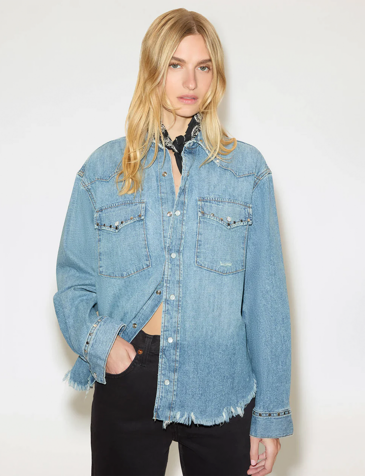 Distressed Western Shirt, Vintage Biker/Blue Stud