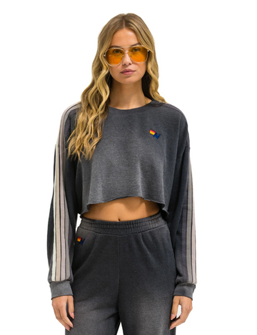 Relaxed Cropped Crew Stripe Sweatshirt, Faded Smoke
