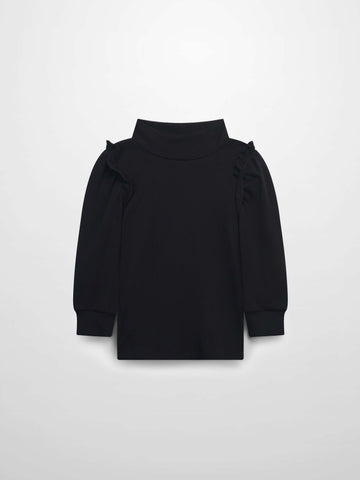 Ruffle Puff Sleeve Mock Neck Shirt - Black