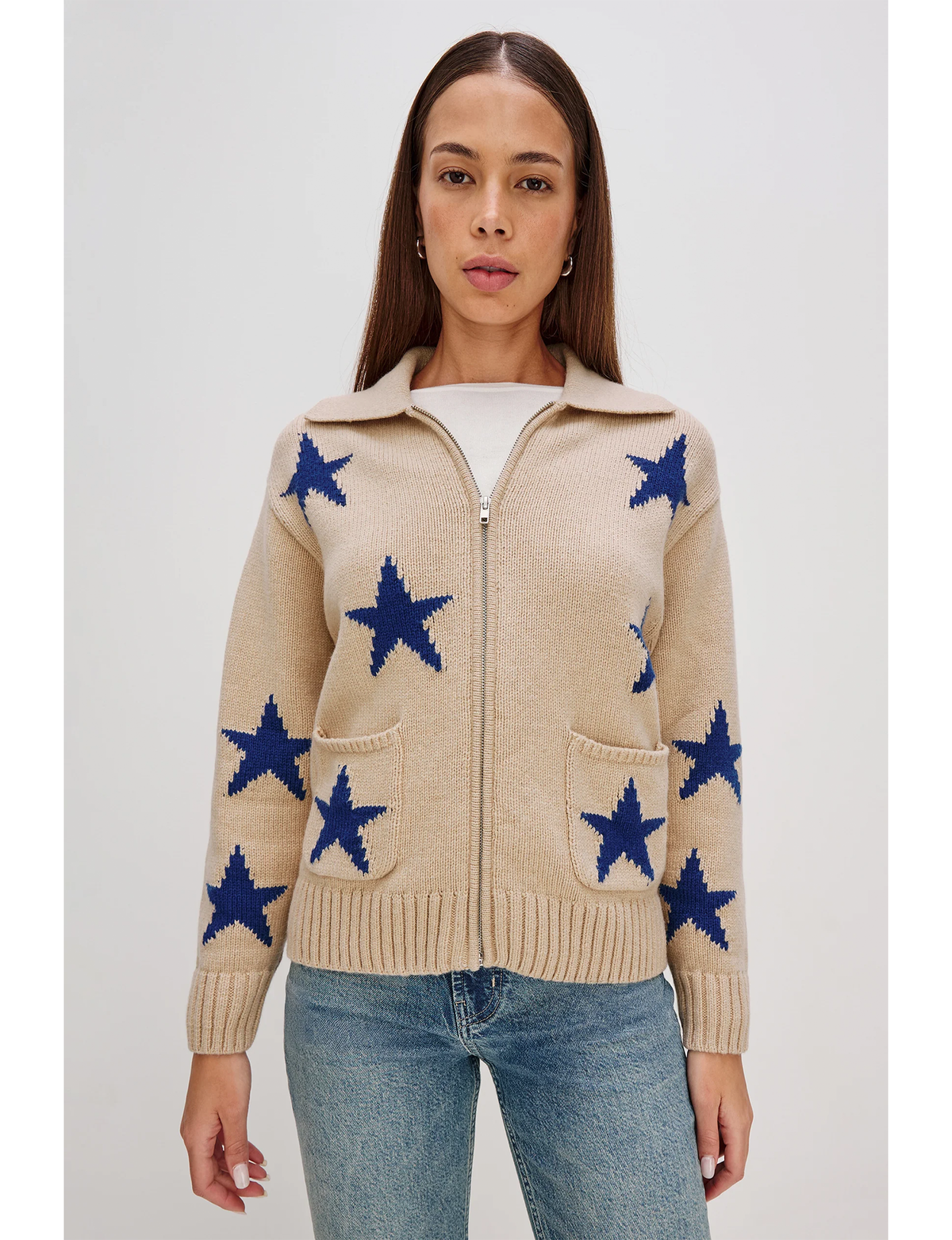 Rhea Zip Sweater, Camel/Cobalt Stars