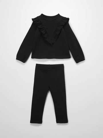 Ruffle Thin Ribbed Pajama - Black