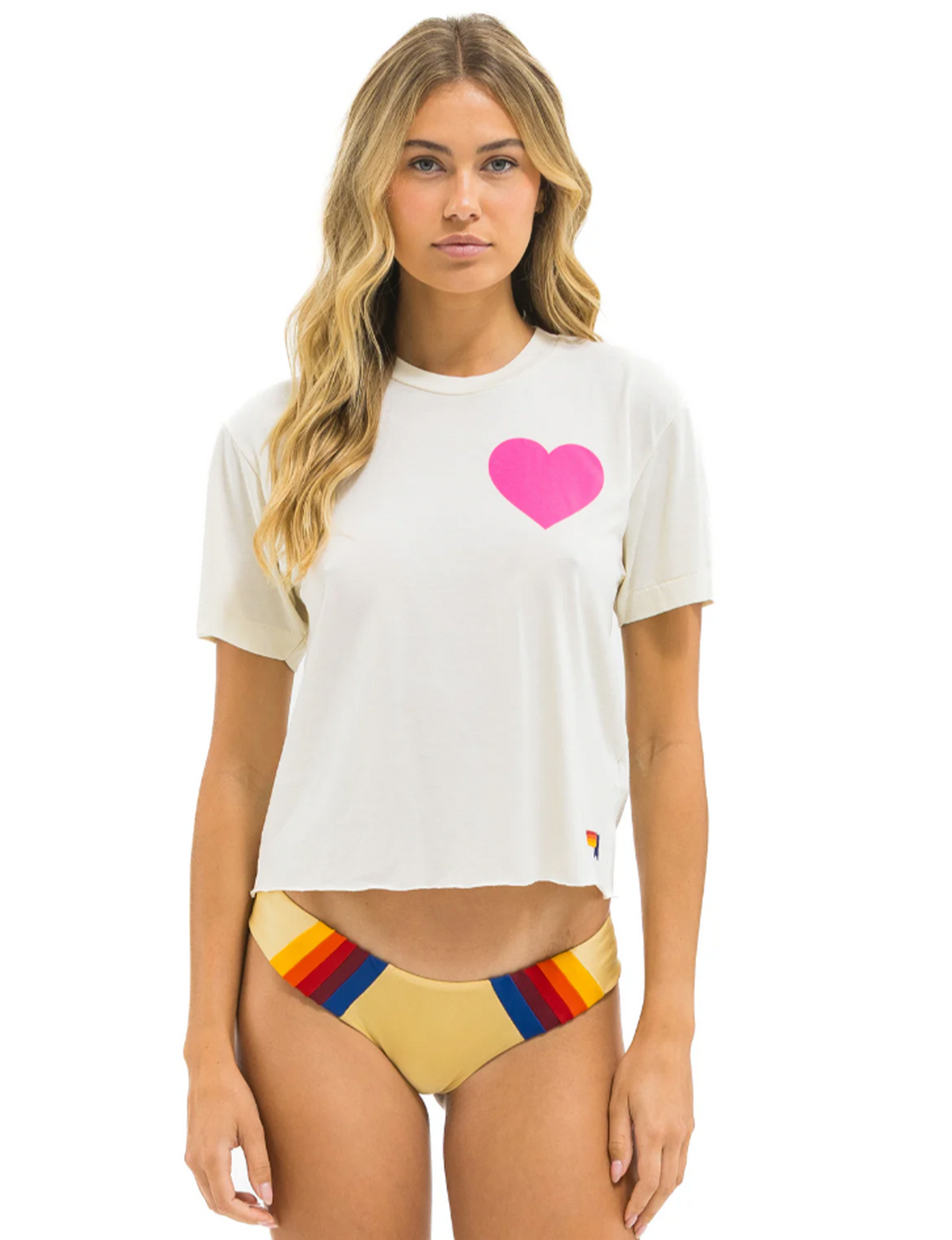 Heart Print Boyfriend Tee, Vintage White/Neon Pink