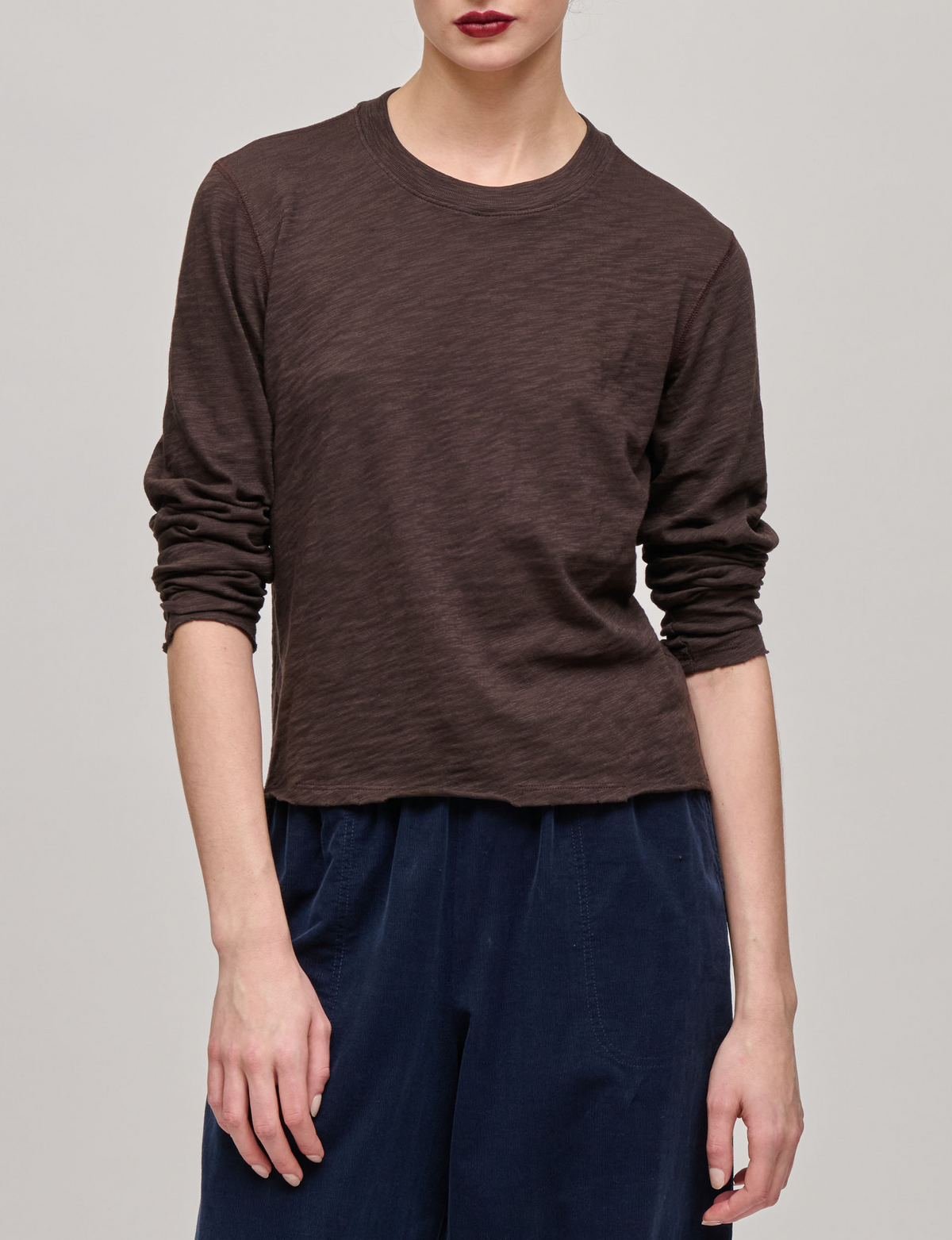 Slub Jersey Long Sleeve Destroyed Crop Crew, Dark Chocolate