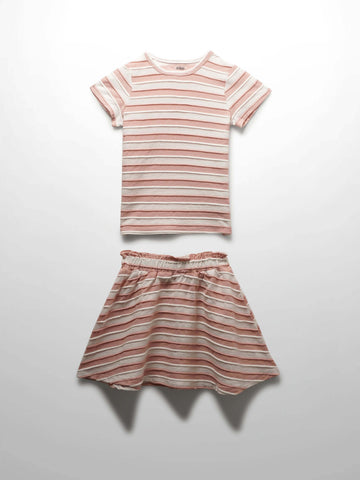 Striped Textured Skirt Set- Short Sleeve