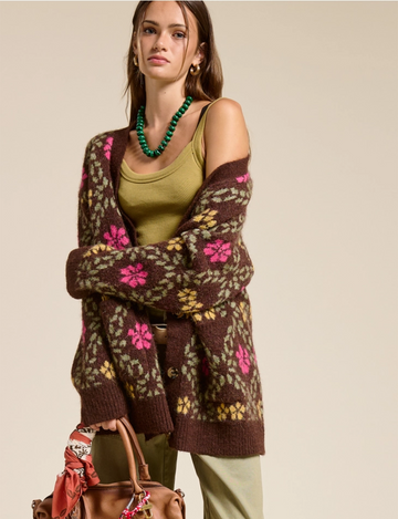 Retro Fuzzy Cardigan, Brown/Floral