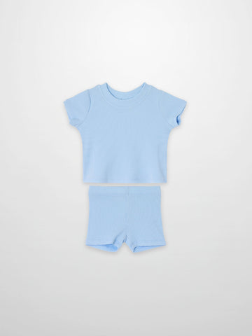 Short Sleeve Boxy T-shirt  & Shorts Set - Light Blue