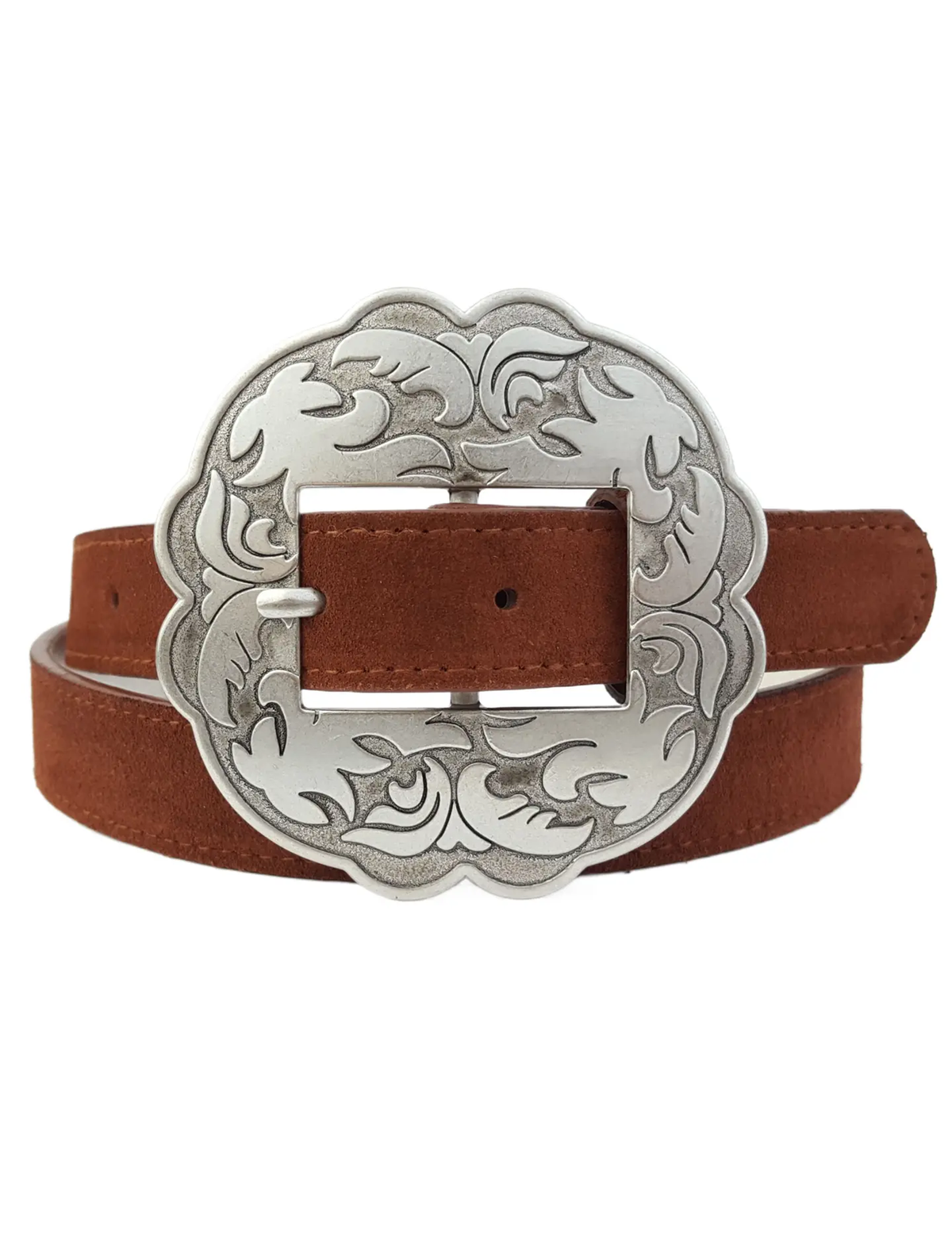 Floral Buckle Belt, Brown Leather Suede