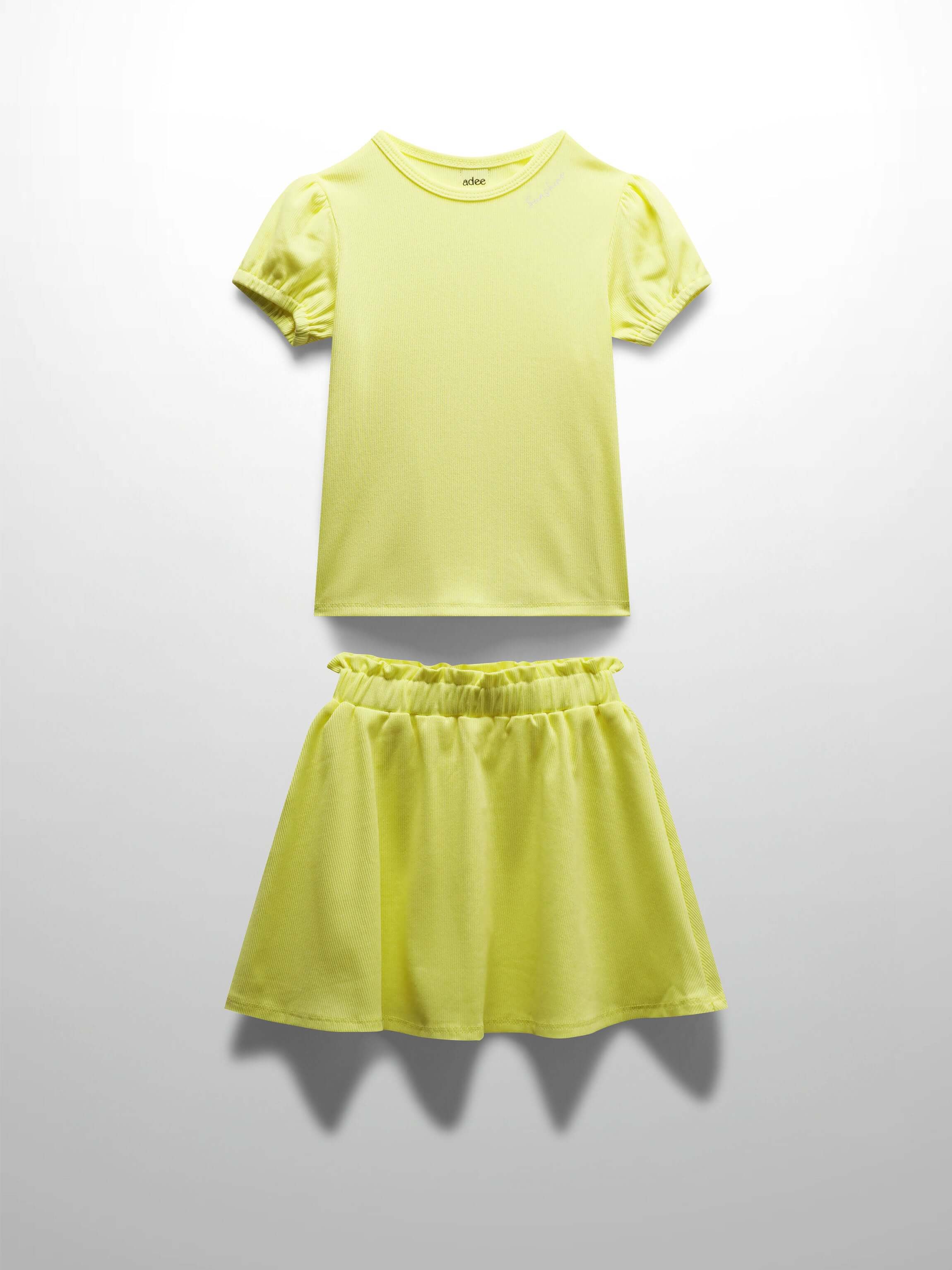 Yellow Ribbed Skirt with Short Bubble Sleeve Shirt