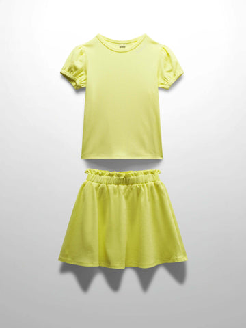 Yellow Ribbed Skirt with Short Bubble Sleeve Shirt