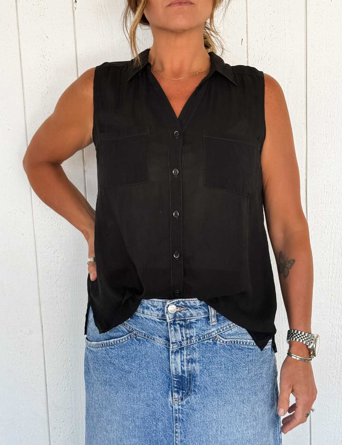 Sleeveless Cargo Pocket Top, Black