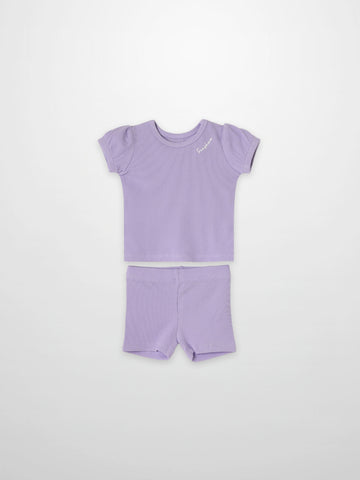 Ribbed Short Puff Sleeve T-shirt & Shorts Set - Lavender