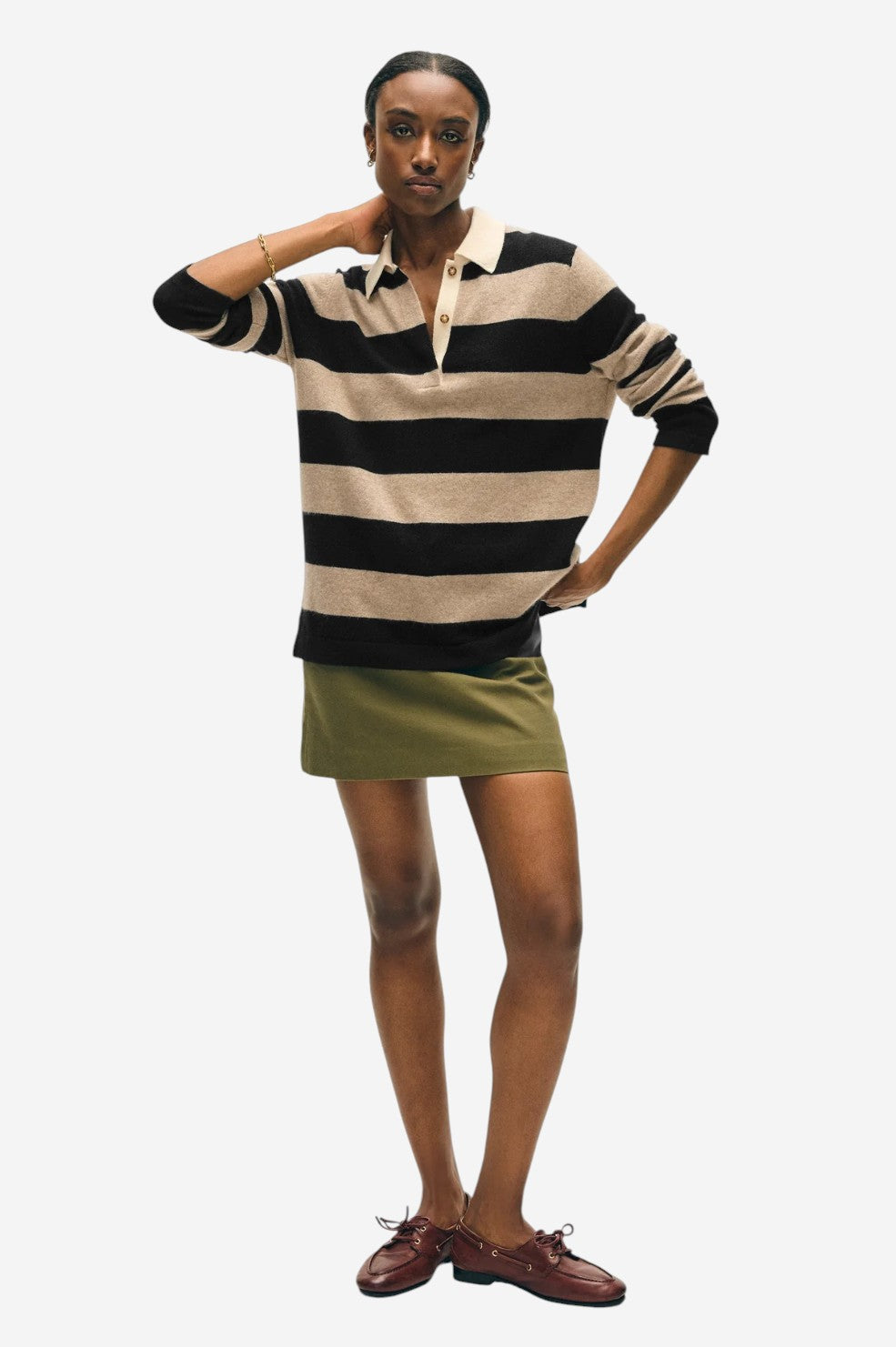 Cashmere Rugby Stripe Polo - Taupe/Black
