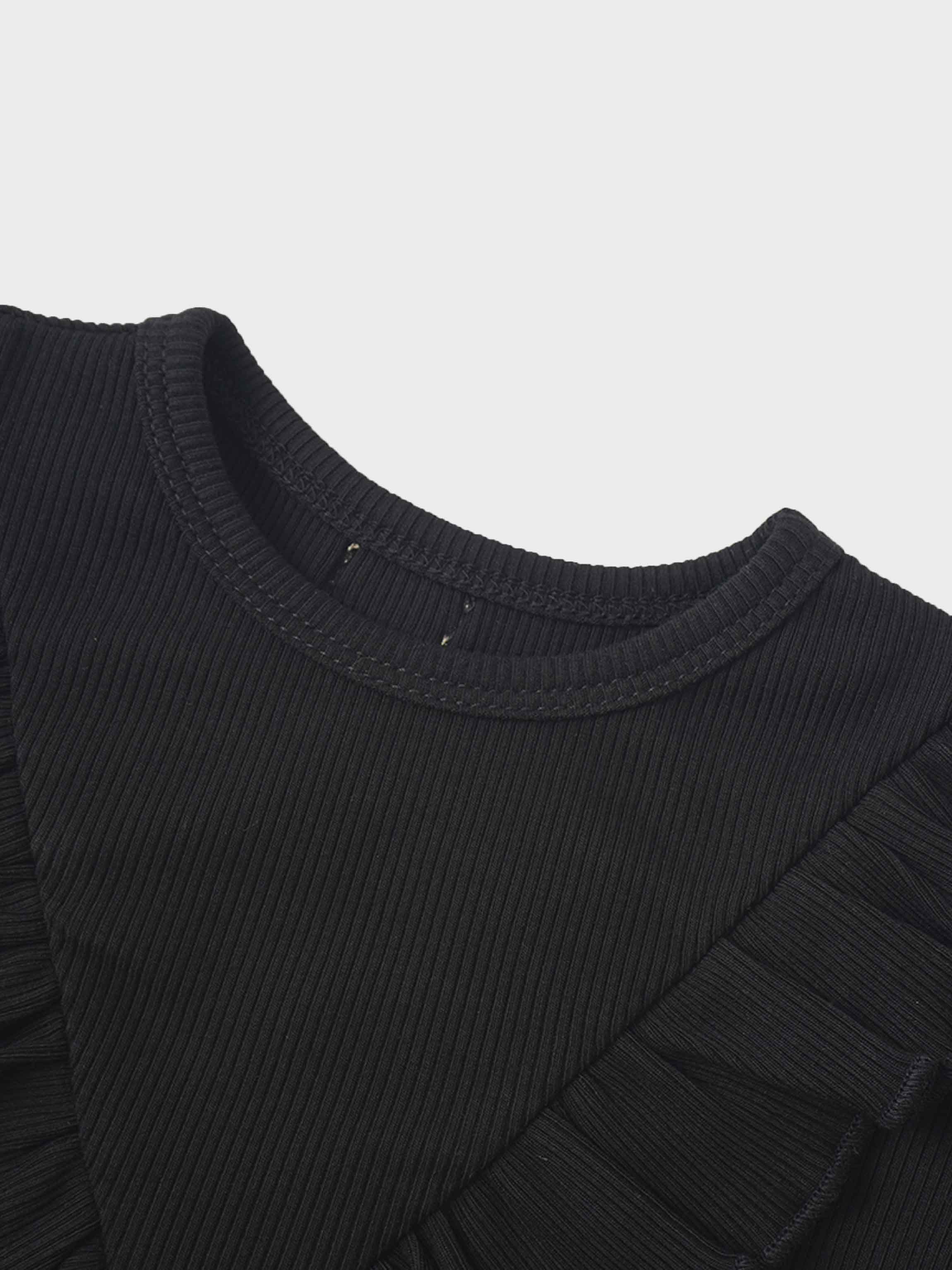 Ruffle Thin Ribbed Pajama - Black