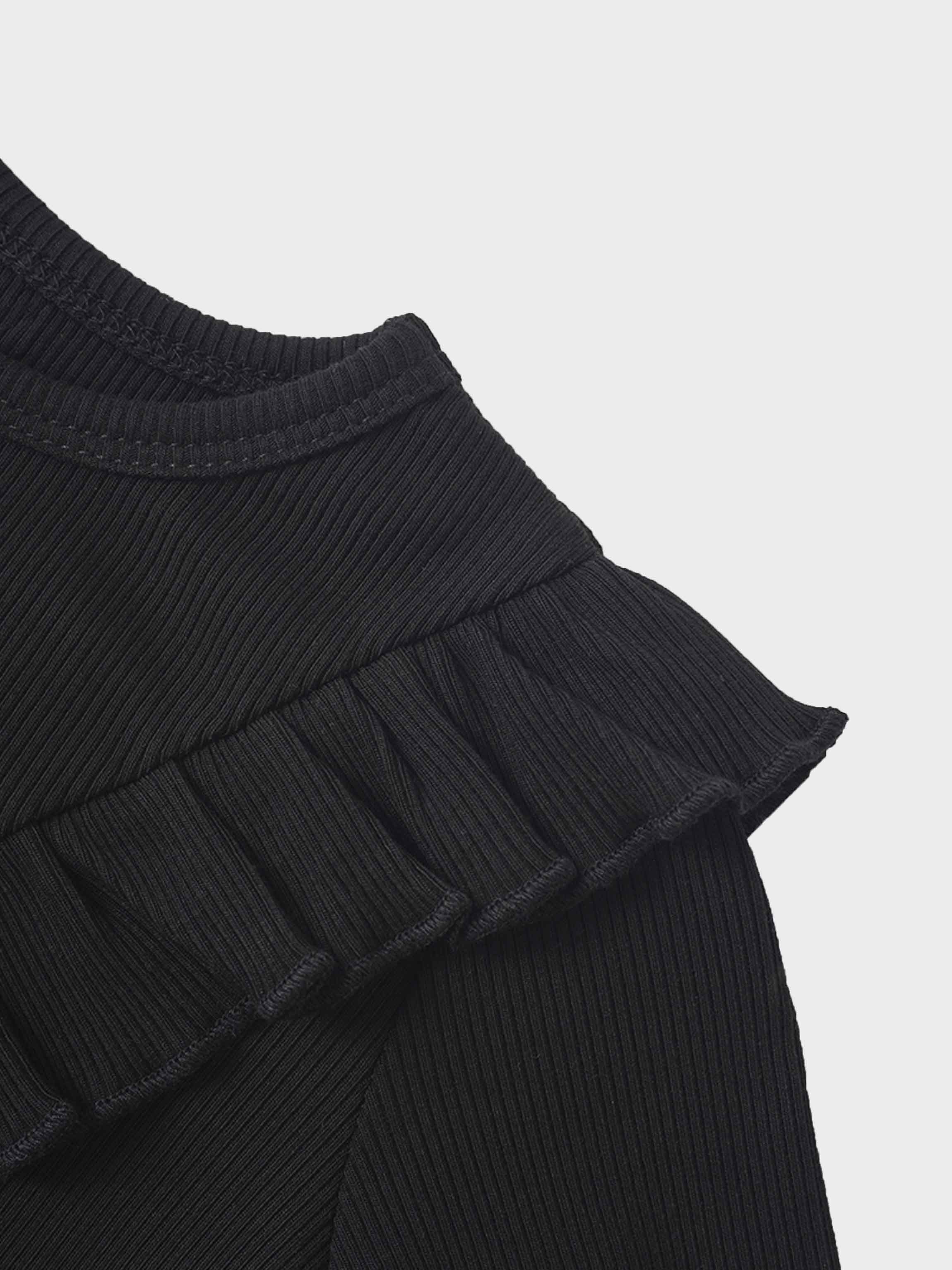 Ruffle Thin Ribbed Pajama - Black