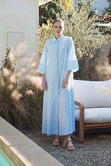 Blue Striped Maxi Shirt Dress