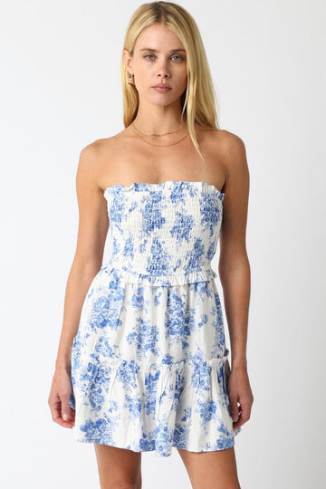 Blue and White Floral Smocked Strapless Mini Dress