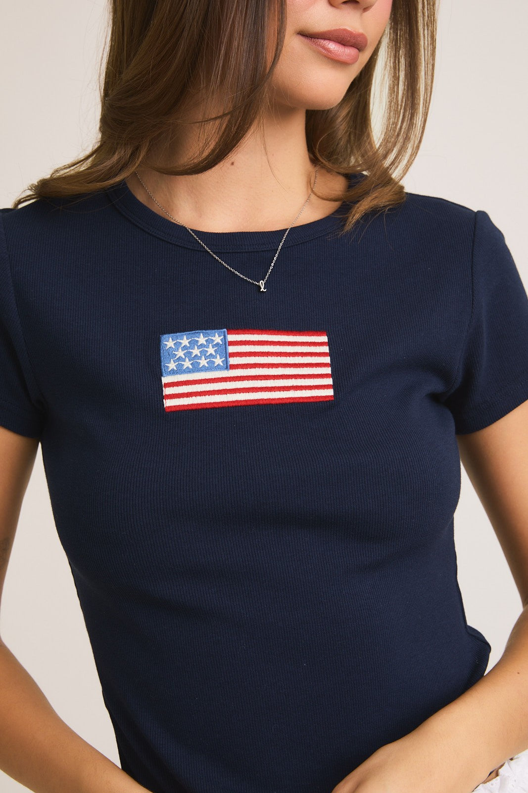 Navy Blue USA Embroidered Flag Baby Tee