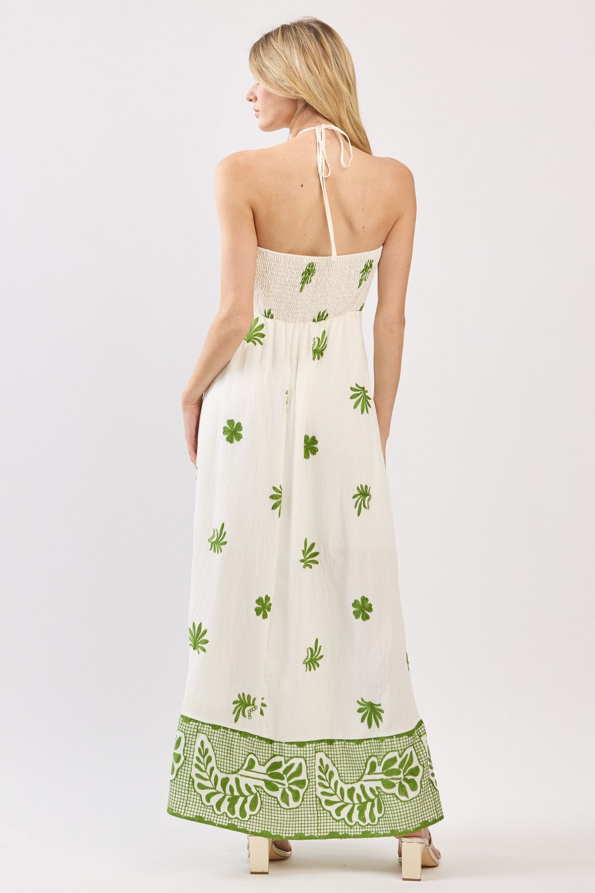 Tropic Threads Green Embroidered Halter Maxi Dress