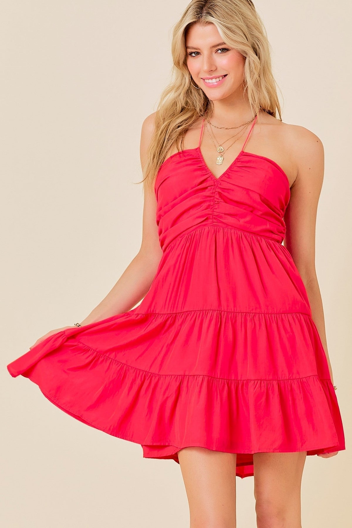 Red Halter Neck Tiered Mini Dress