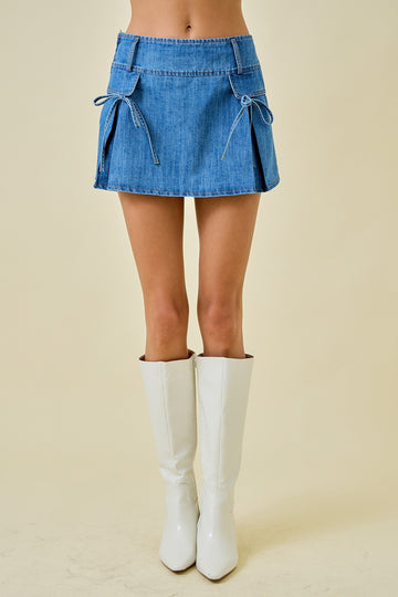 Denim Pleated Mini Skort With Pockets
