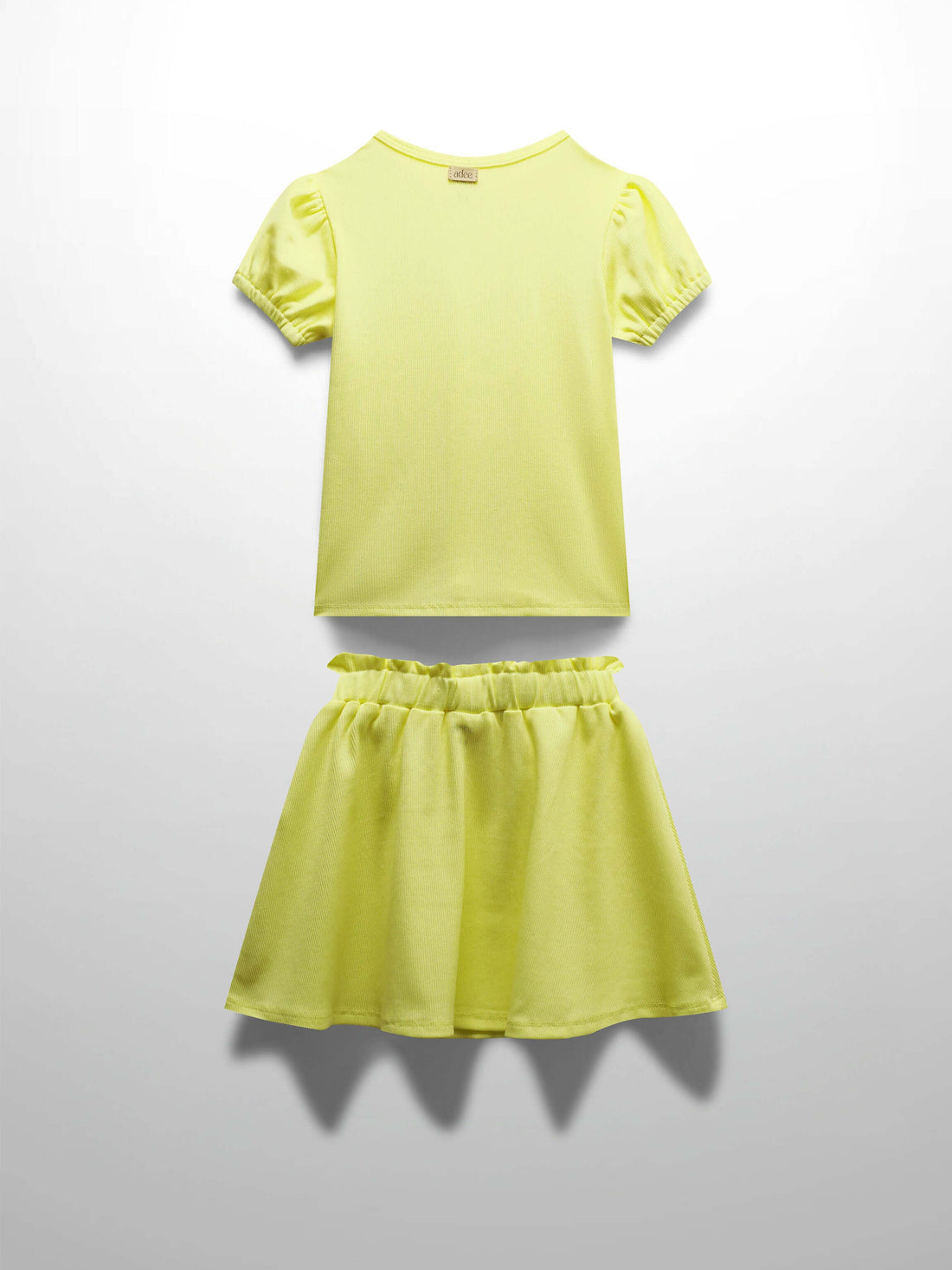 Yellow Ribbed Skirt with Short Bubble Sleeve Shirt