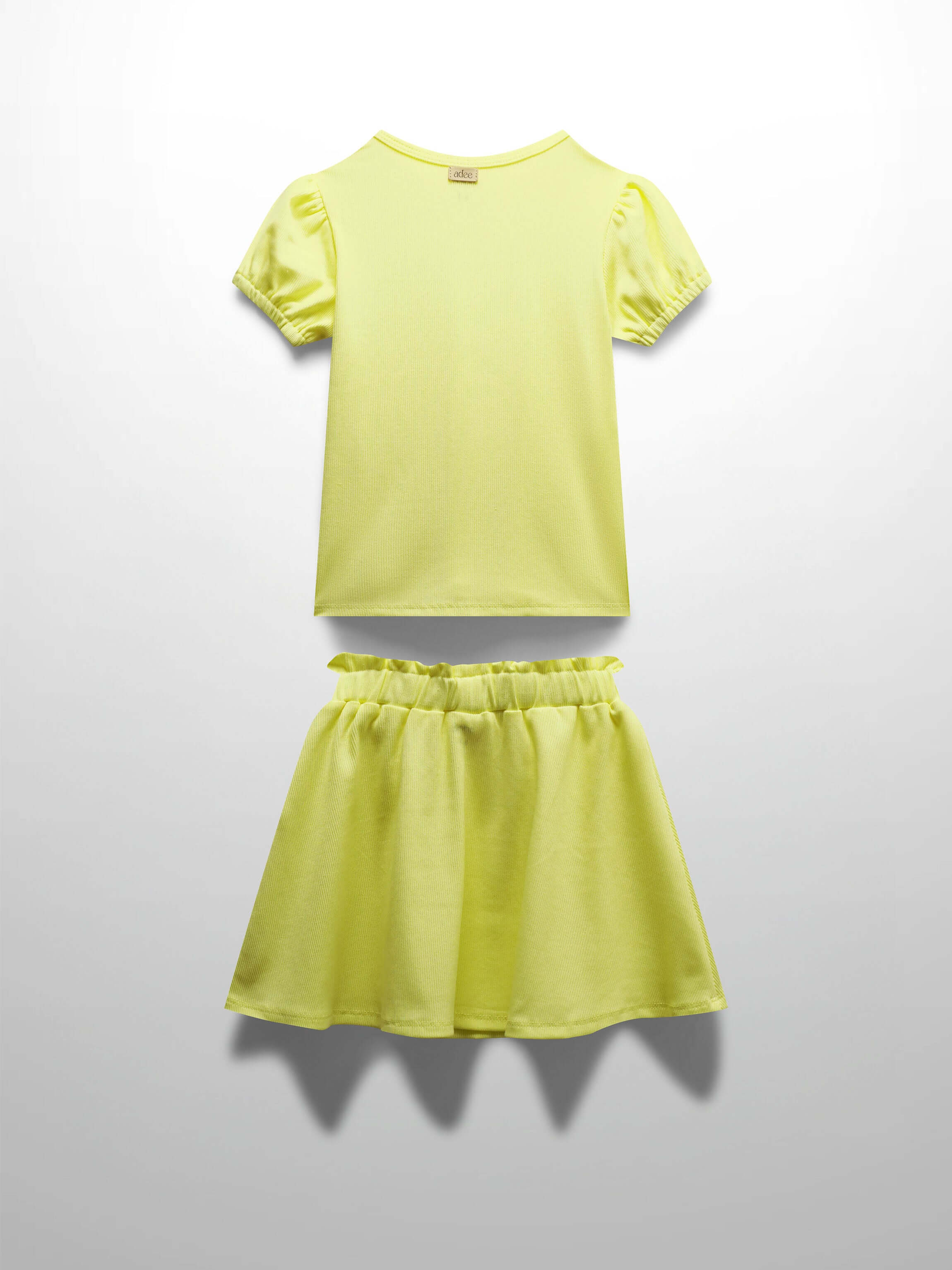 Yellow Ribbed Skirt with Short Bubble Sleeve Shirt