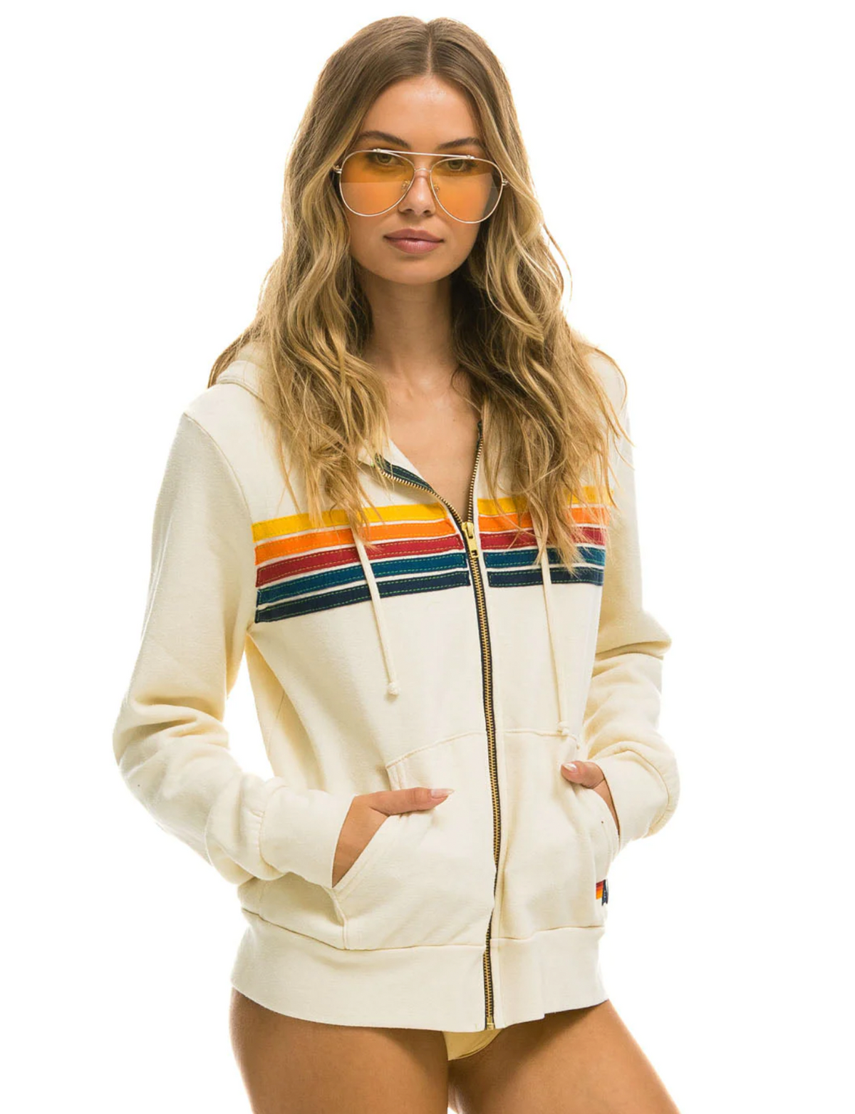 5 Stripe Zip Hoodie, Vintage White/Multi