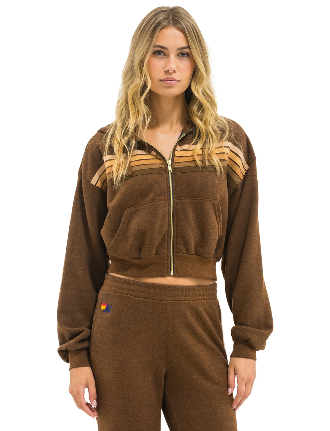 5 Stripe Cropped Relaxed Zip Hoodie, Chocolate/Espresso