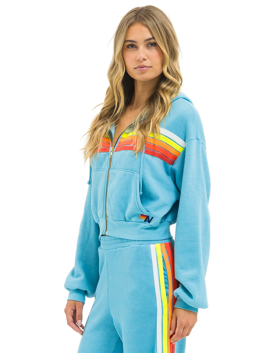 5 Stripe Cropped Relaxed Zip Hoodie, Aquamarine/White Neon