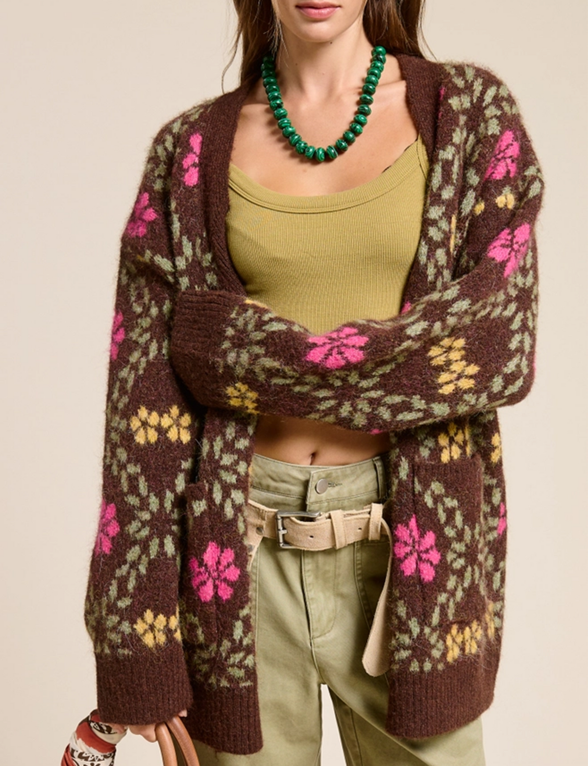 Retro Fuzzy Cardigan, Brown/Floral