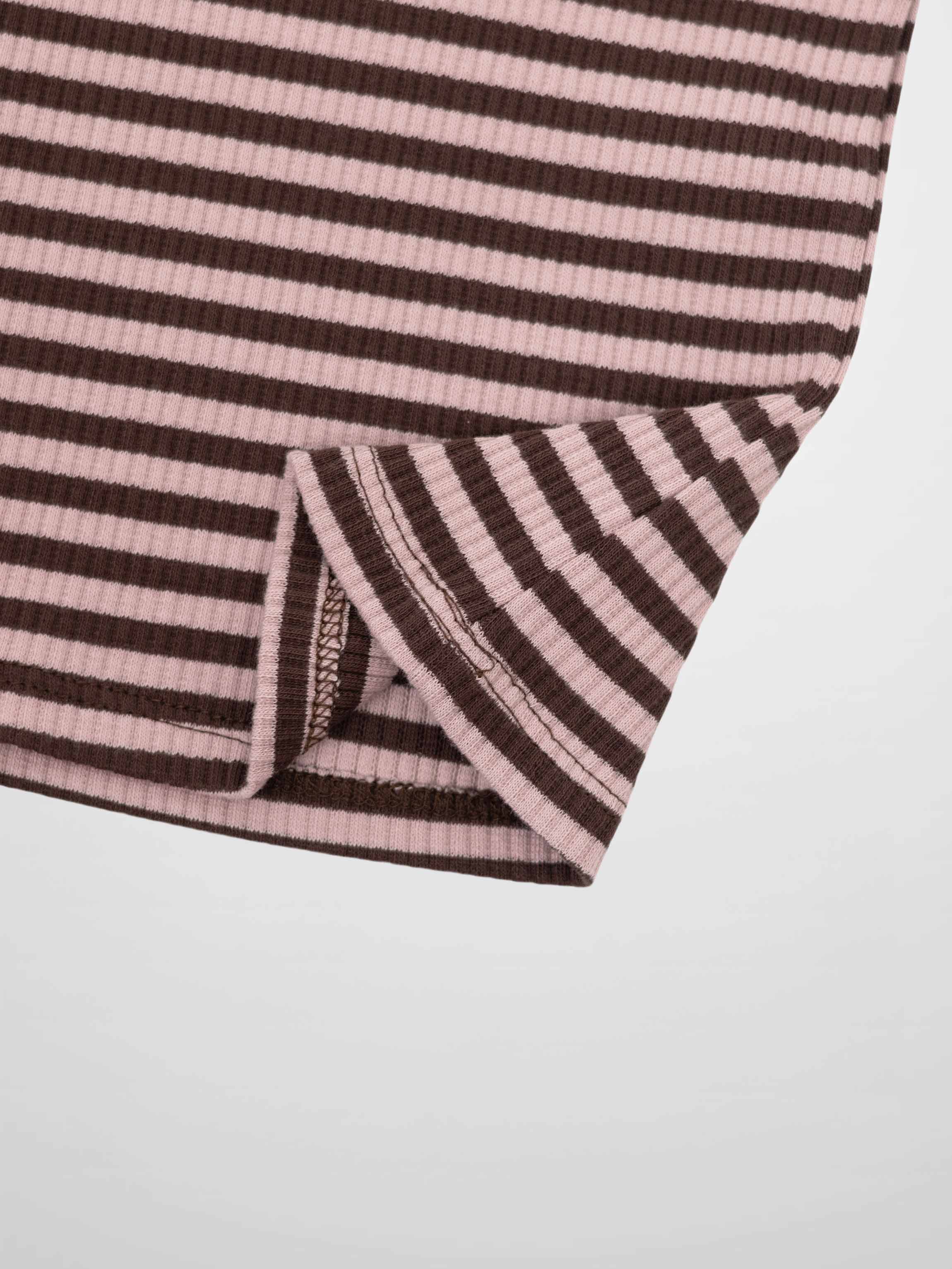 Striped Mock Neck T-Shirt - Brown & Pink