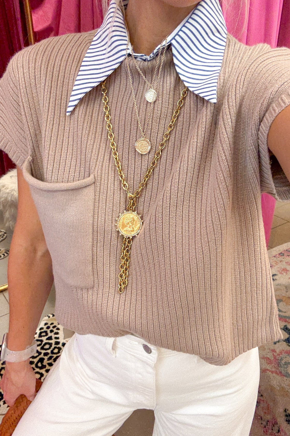 Light Mocha Mock Neck Ribbed Sweater Vest