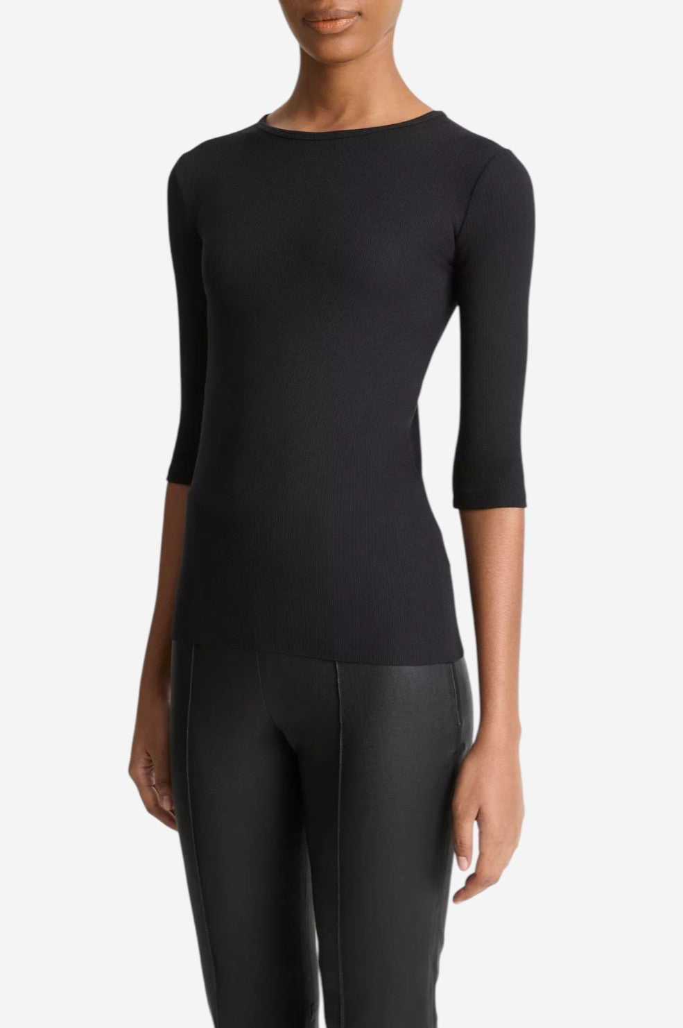 Elbow-Sleeve Crew Neck T-Shirt - Black