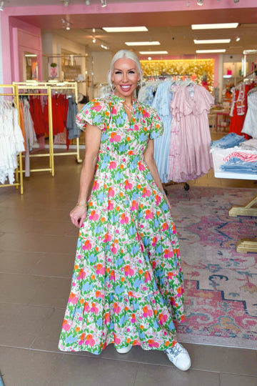 Multi Color Floral Puff Sleeve Maxi Dress