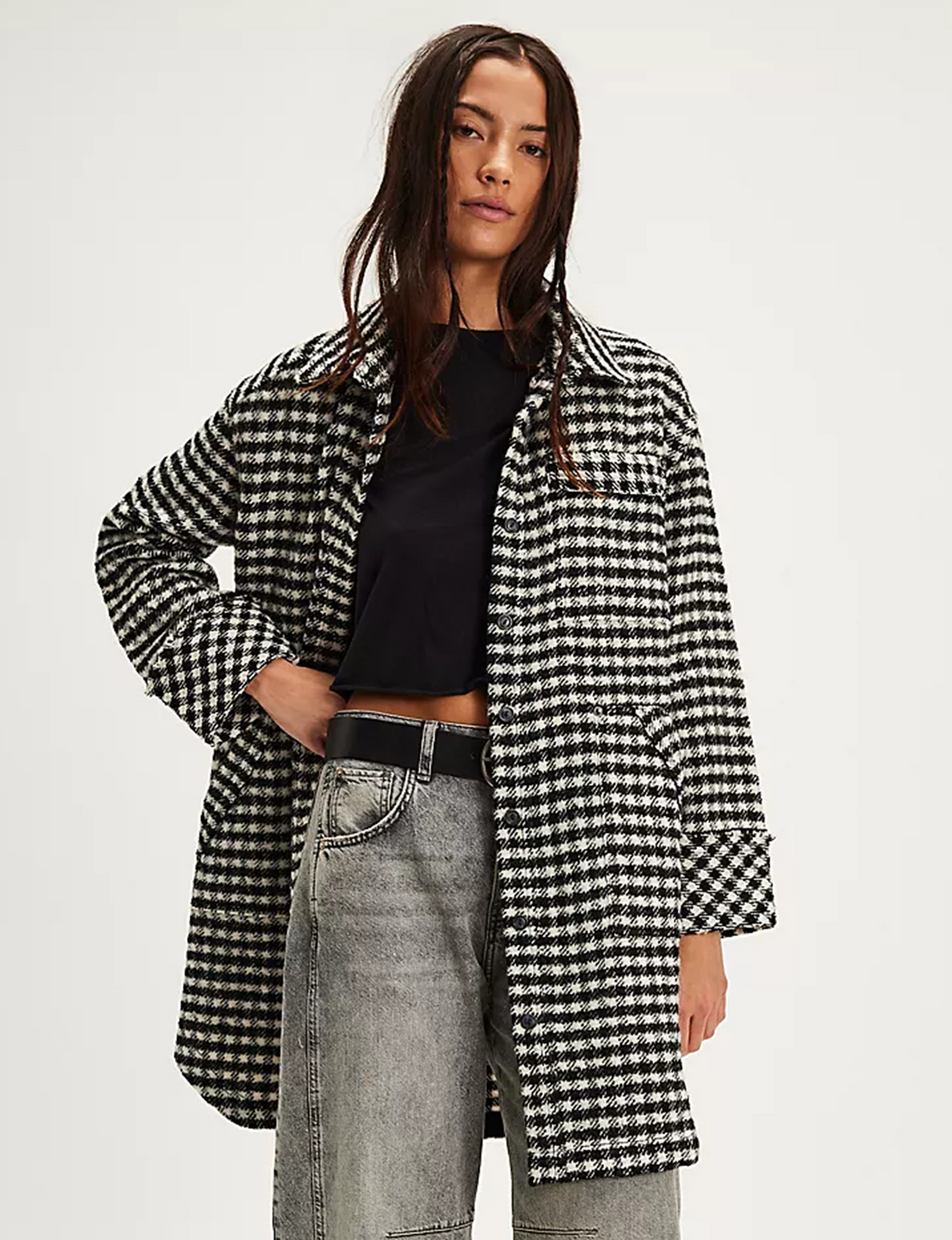 Get Around Houndstooth Shacket, Black/White