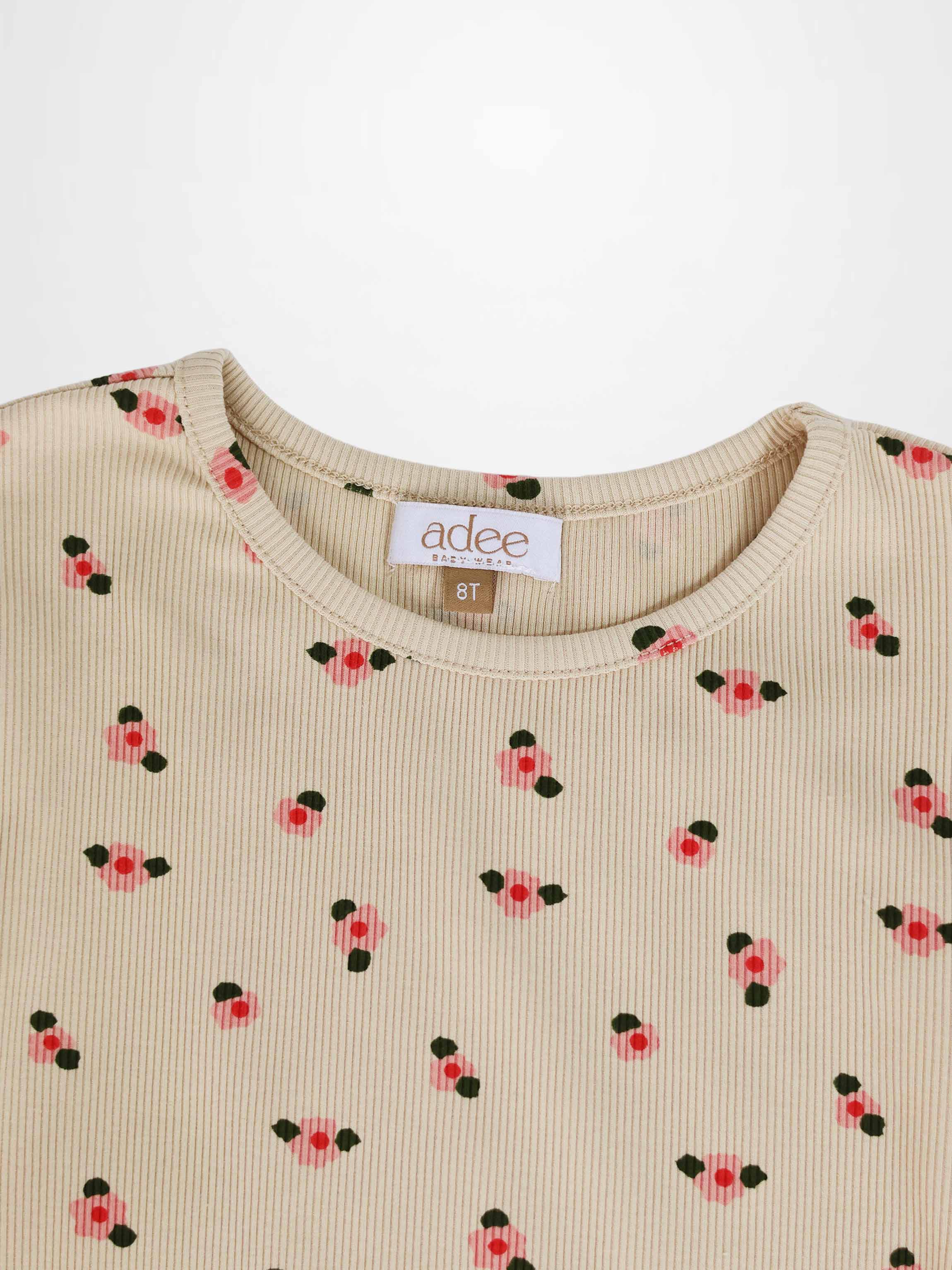 Tan Floral T-shirt - 3/4 Sleeve