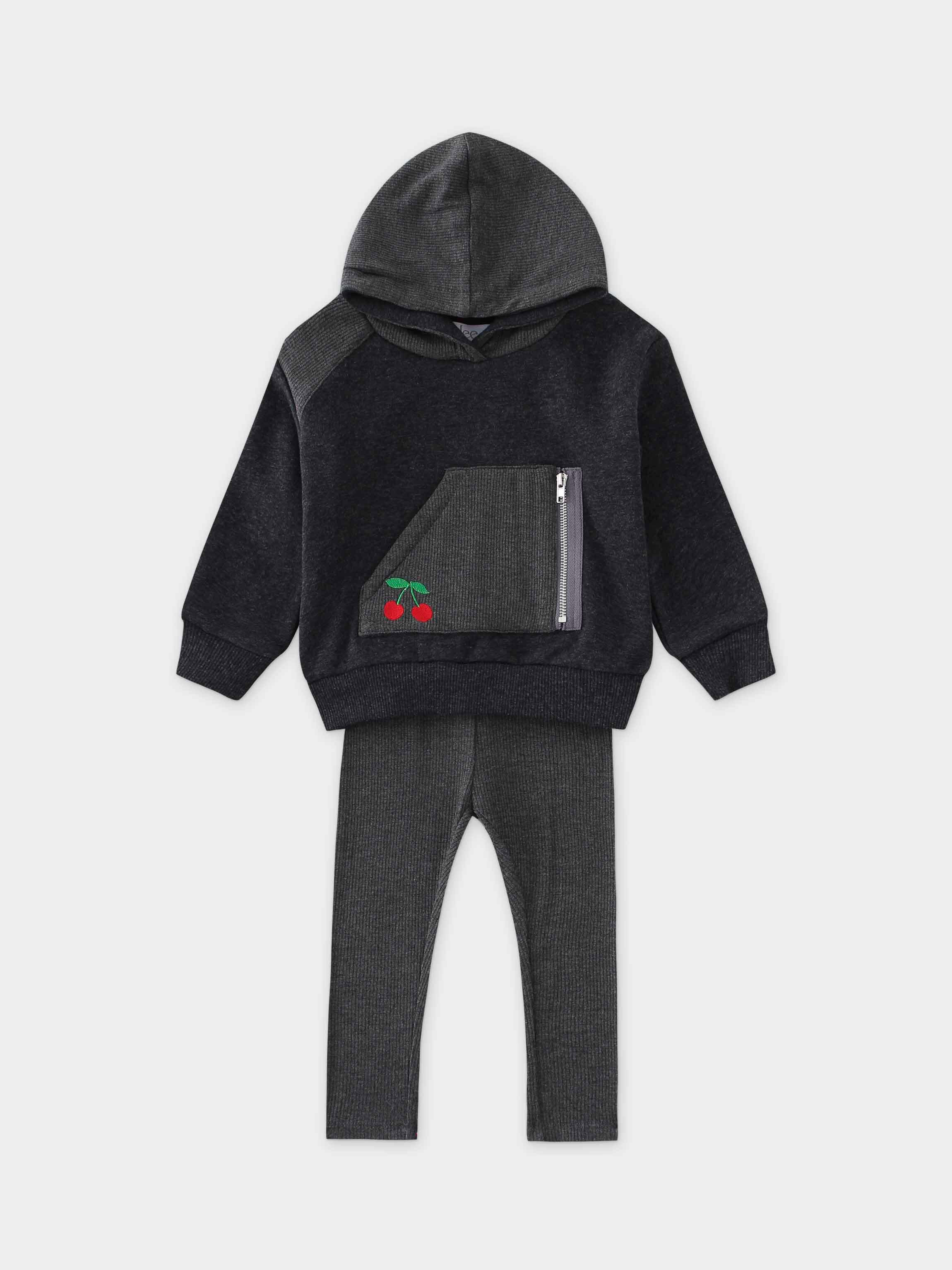 Hoody Sweatshirt Set with Leggings and Embroidered Cherry- Heather Grey