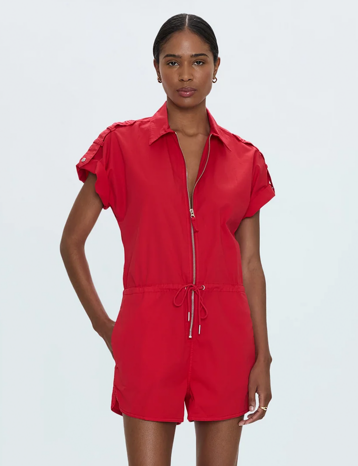 Meg Short Sleeve Zip Up Romper, Ruby