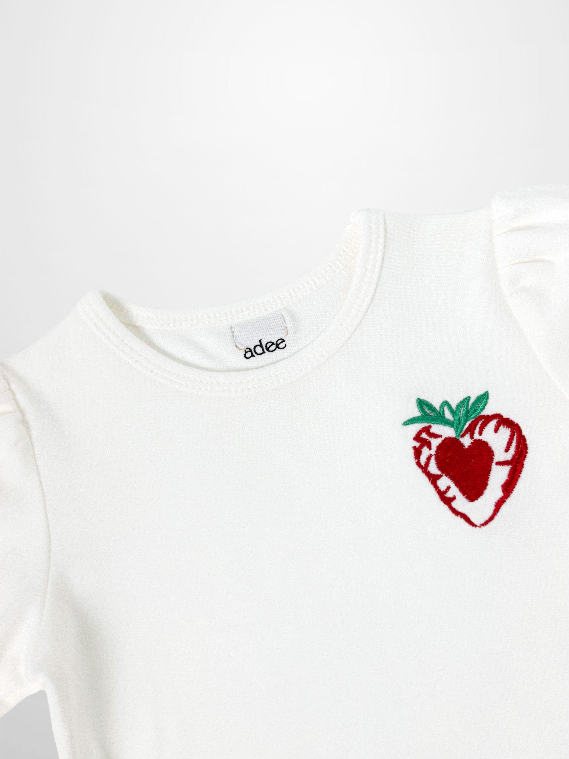 Embroidered Strawberry 3/4 Puff Sleeve T-shirt