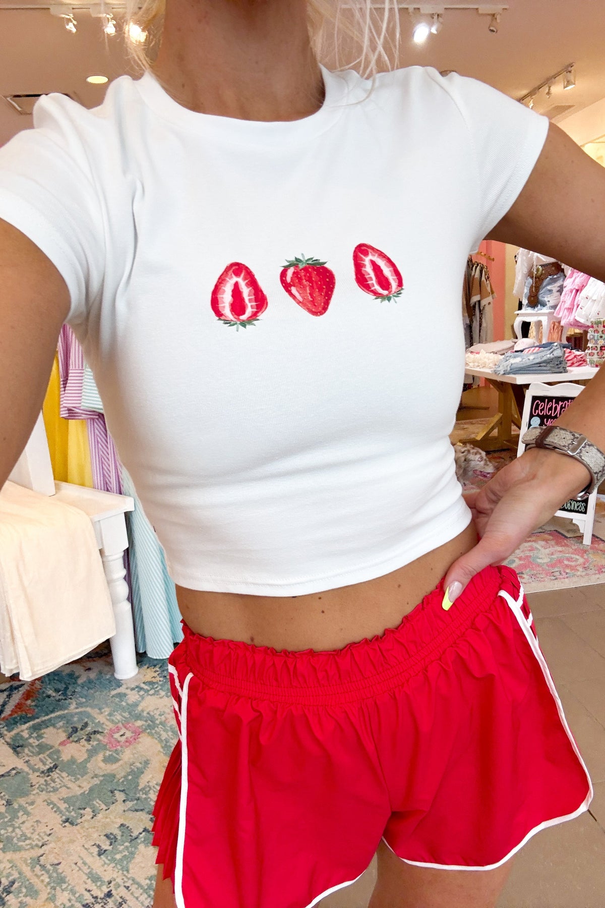 On Point Red and White Pleated Detail Athletic Shorts