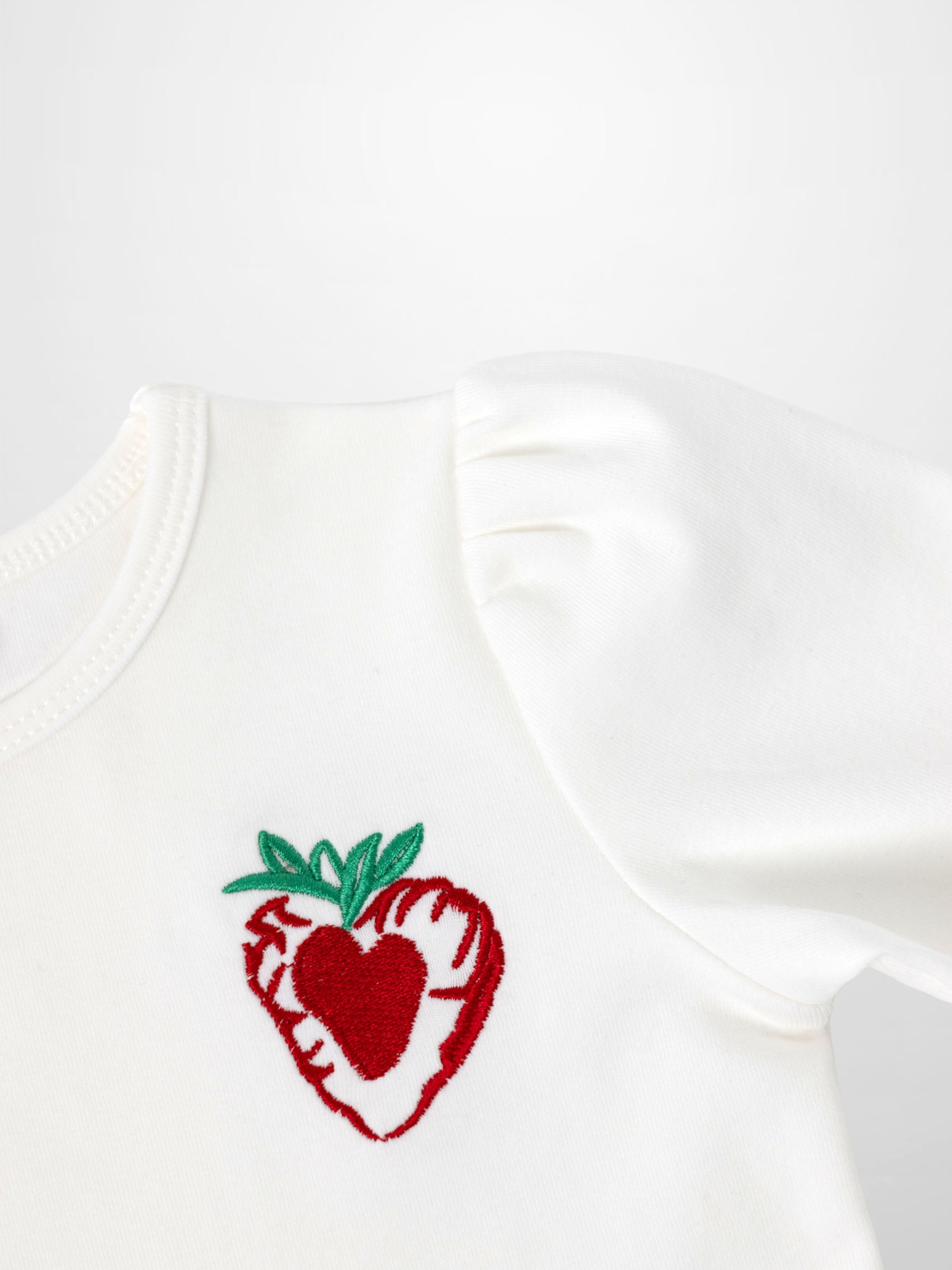Embroidered Strawberry 3/4 Puff Sleeve T-shirt