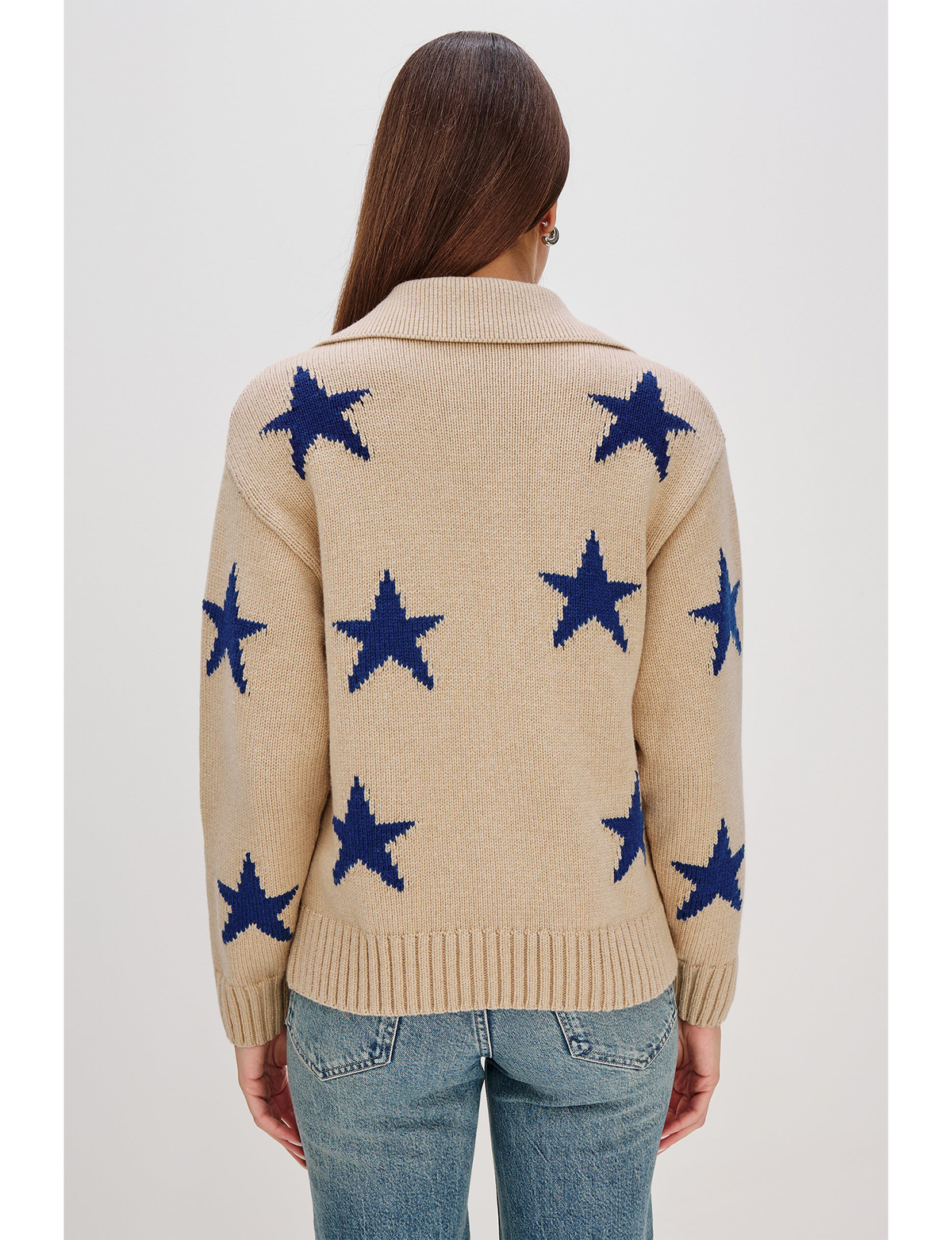 Rhea Zip Sweater, Camel/Cobalt Stars