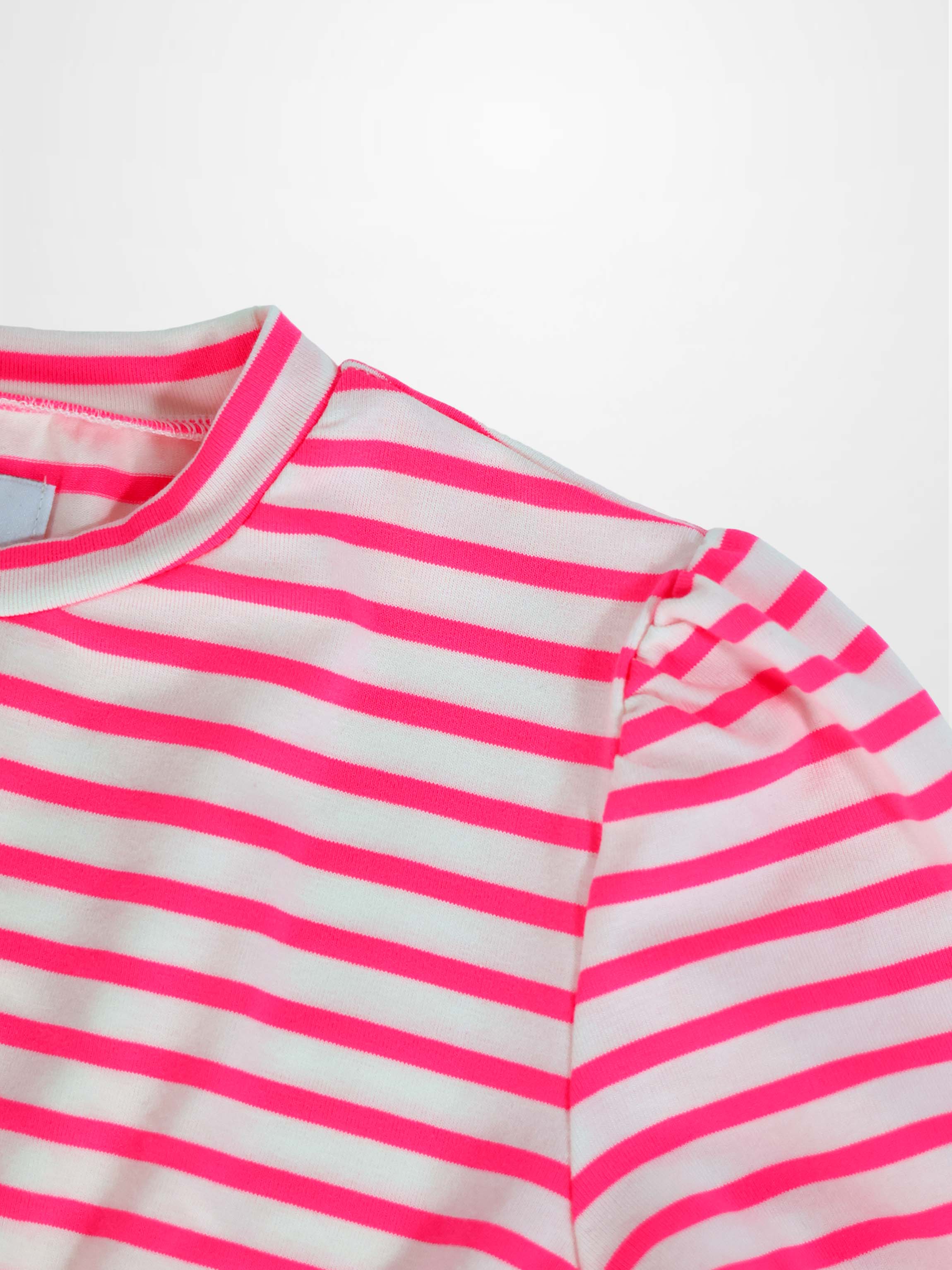 Neon Pink Striped Dress -  3/4 Sleeve