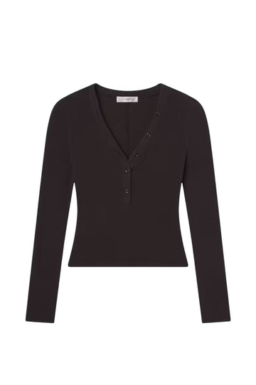 Slinky Long Sleeve Rib Henley - Chocolate Brown